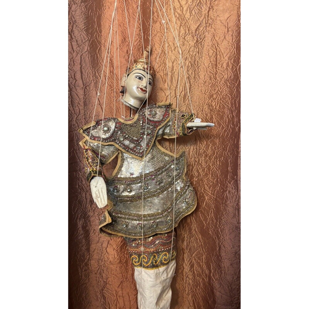 Vintage 1960s Thai Marionette Puppet 23 1/2 Inches Sequined Traditional Dress